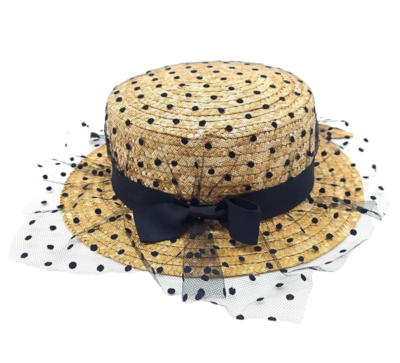 Sombrero Canotier de tul con lunares negros